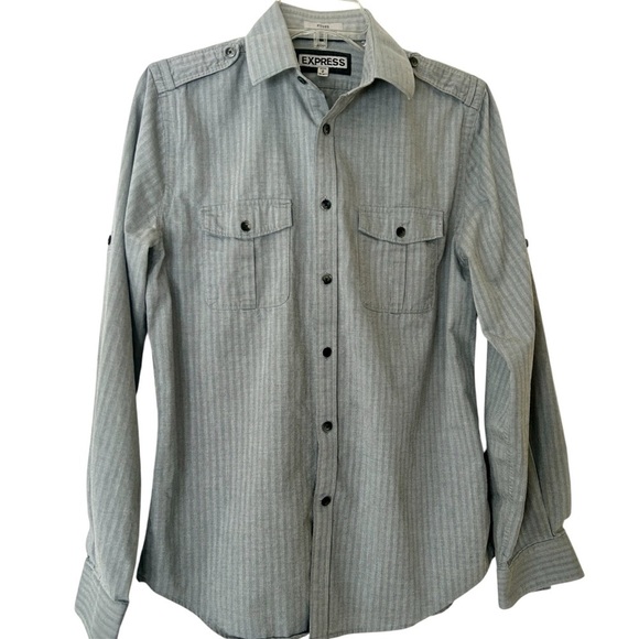 Express Men's Casual Button Down Shirt Gray Roll Tab Sleeve size Small 14 14.5 - Picture 1 of 16
